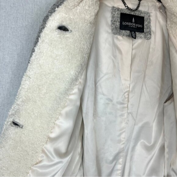 London Fog hooded sherpa wool blend long button front faux fur coat Sz S - Picture 7 of 11